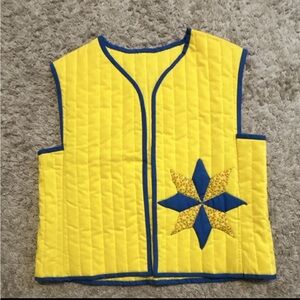 Handmade Yellow Patchwork Star Quilt Vest Blue Accent Design Women’s Medium